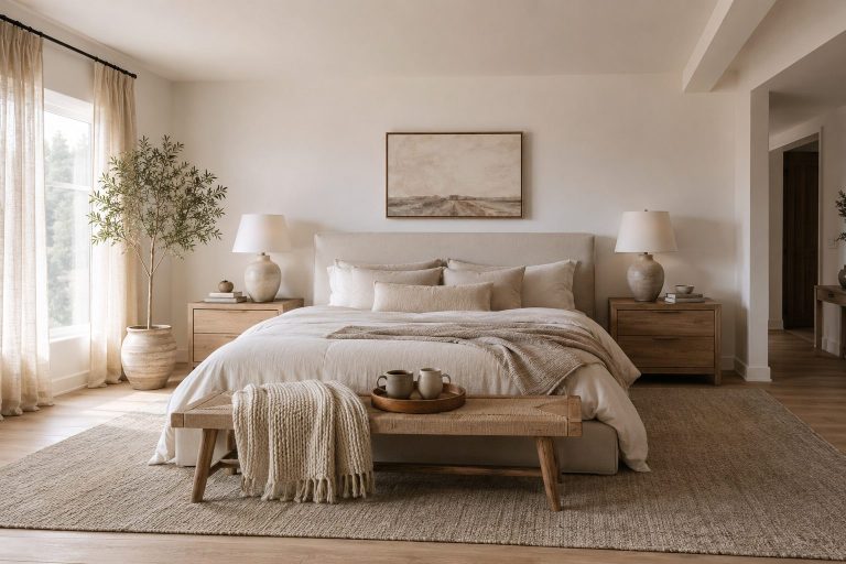Master bedroom with neutral layered bedding