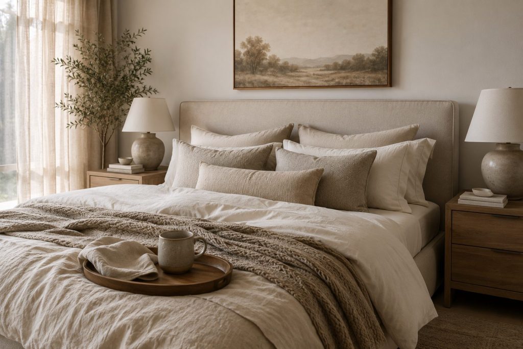Master bedroom with neutral layered bedding