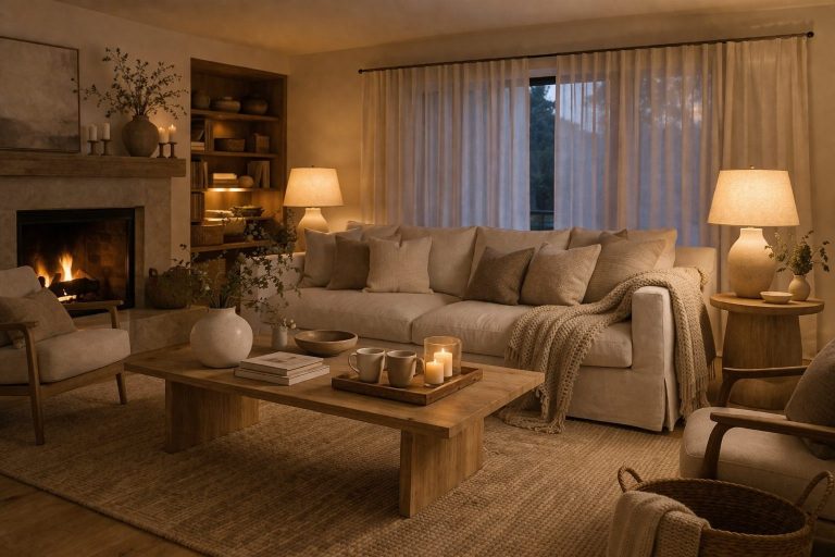 Cozy farmhouse living room by fire