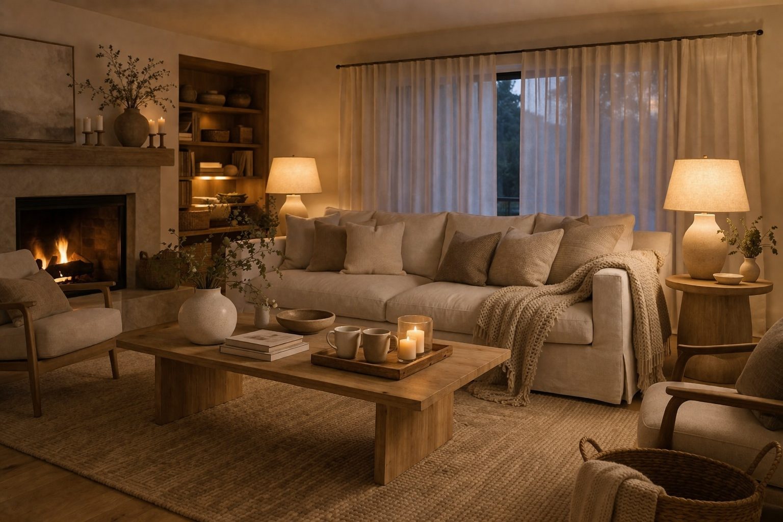 Cozy farmhouse living room by fire