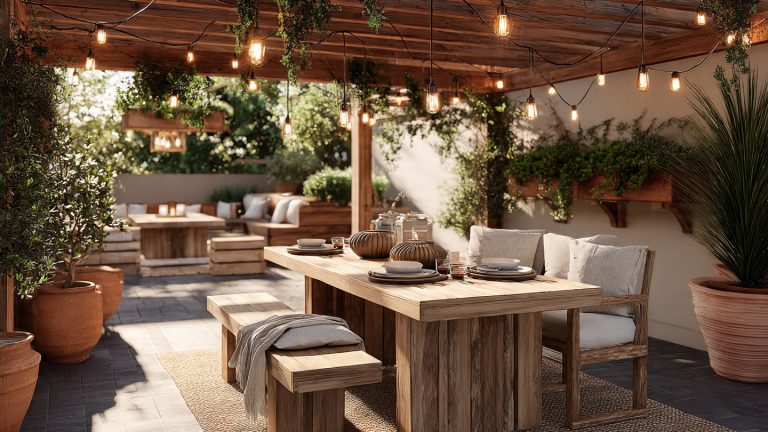 Honey-Toned Pergola Dining at Golden Hour
