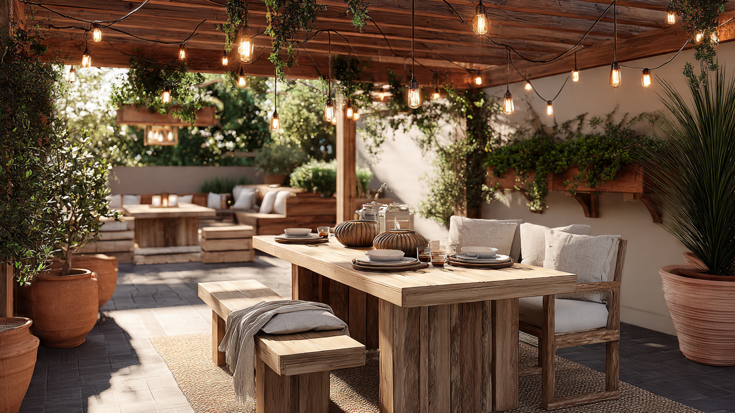 Honey-Toned Pergola Dining at Golden Hour