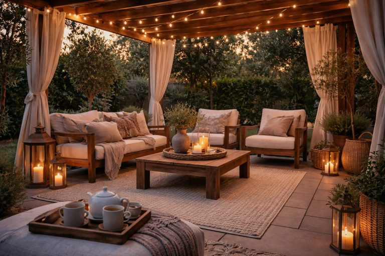 Serene backyard patio at golden hour