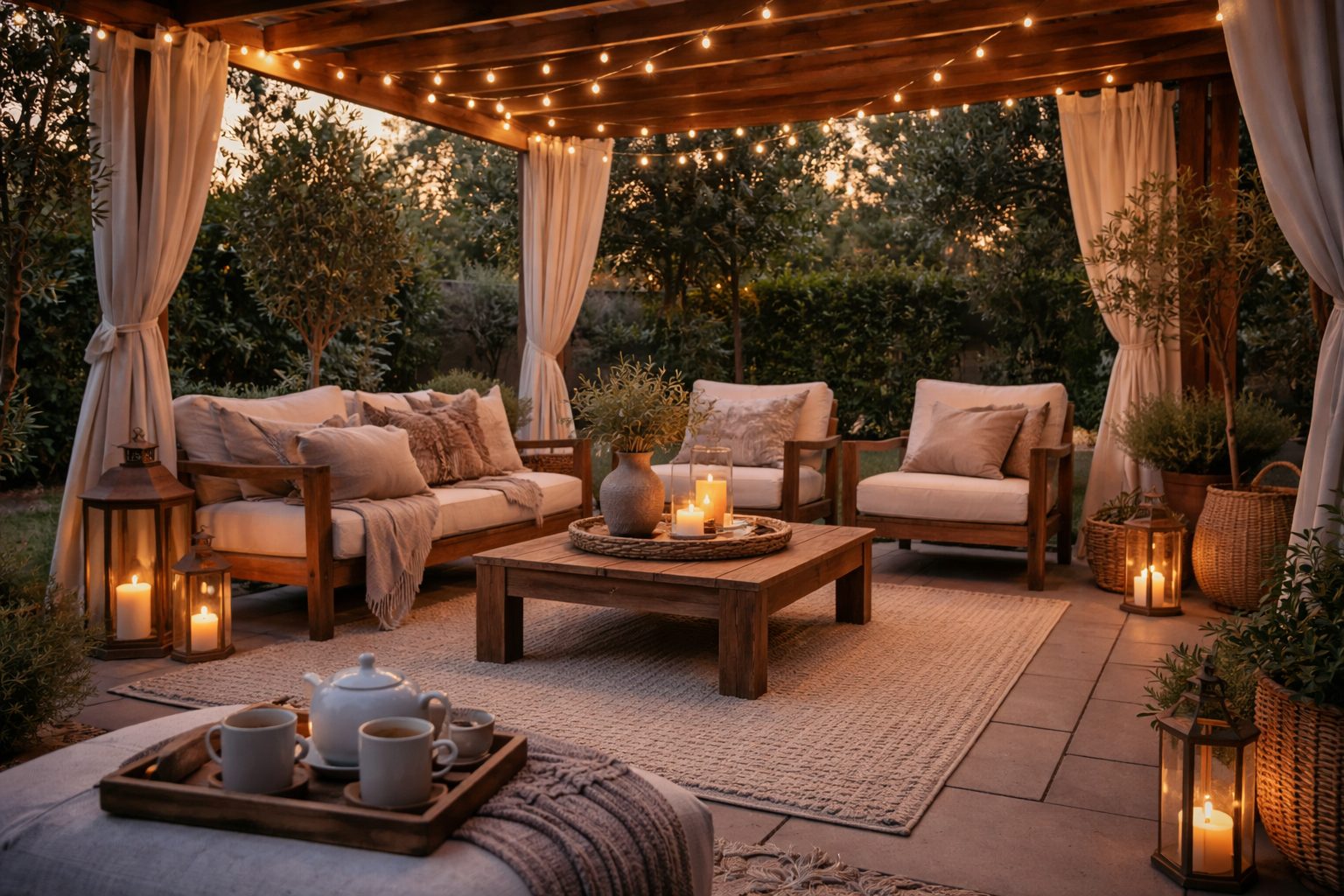 Serene backyard patio at golden hour
