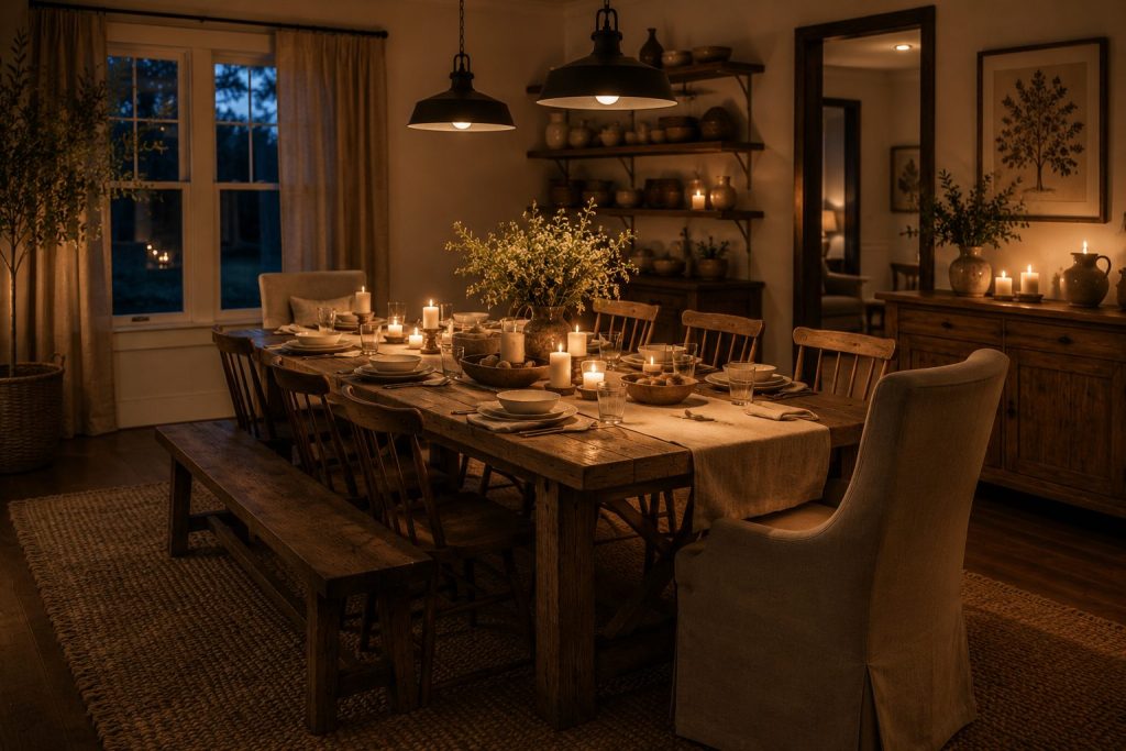 Cozy farmhouse dining at dusk