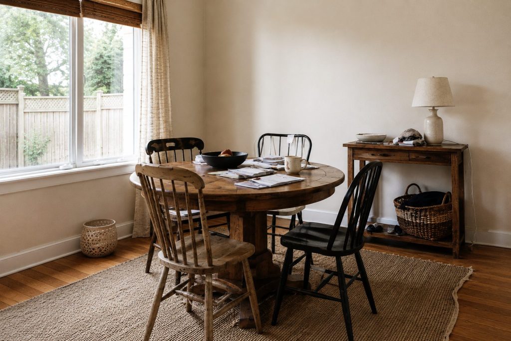 Rustic Breakfast Nook with Cluttered Table